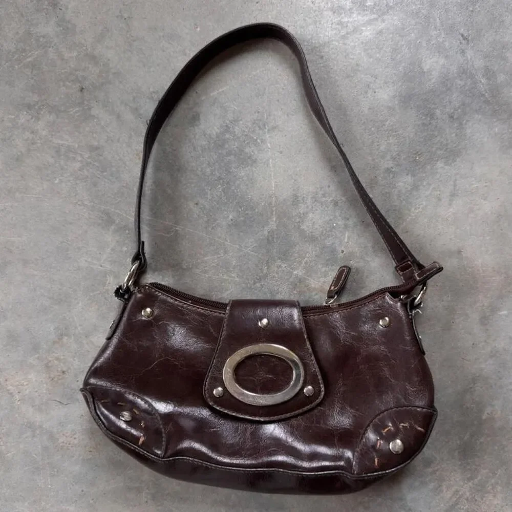 Brown faux leather y2k grunge bag with silver hardware studded details